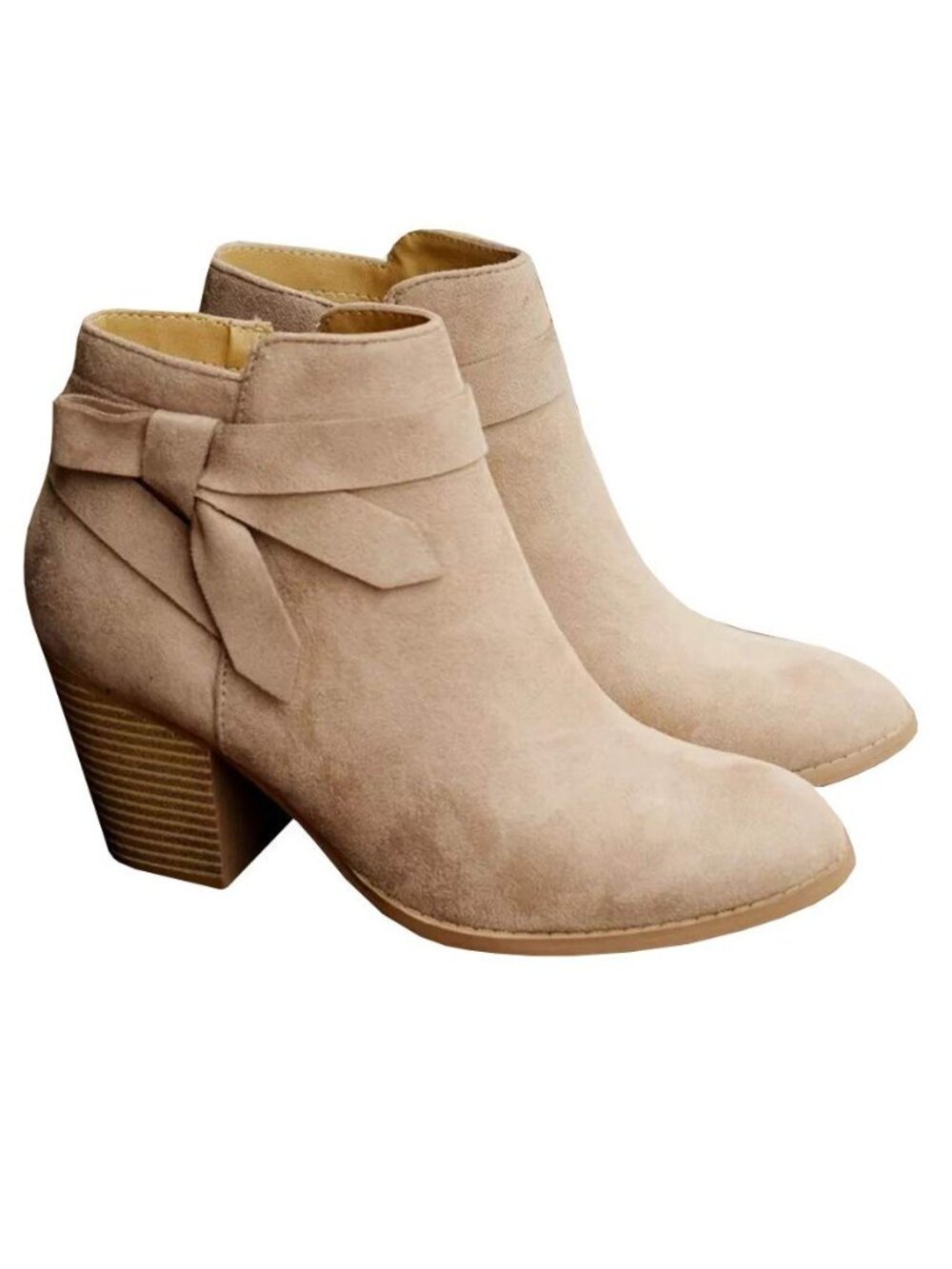 Women's Tie Knot Chelsea Pump Ankle Boots Closed Toe Stacked Heel Booties Shoes